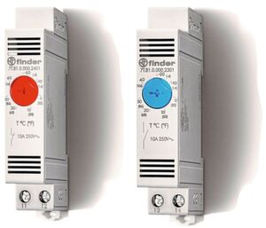 Die Thermostate und Hygrostate der Serie 7T sorgen für eine genaue Temperaturüberwachung im Schaltschrank. Sie verhindern Kondensation und Überhitzung zuverlässig (Heizungsthermostat links und Lüftungsthermostat rechts im Bild). Die Thermostate und Hygrostate der Serie 7T sorgen für eine genaue Temperaturüberwachung im Schaltschrank. Sie verhindern Kondensation und Überhitzung zuverlässig (Heizungsthermostat links und Lüftungsthermostat rechts im Bild).