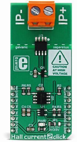Bild 2: Das Hall Current 2 Click-Board von MikroElektronika misst Ströme bis zu +/-12 A sowohl für AC als auch DC bis zu 100 V. Bild 2: Das Hall Current 2 Click-Board von MikroElektronika misst Ströme bis zu +/-12 A sowohl für AC als auch DC bis zu 100 V.