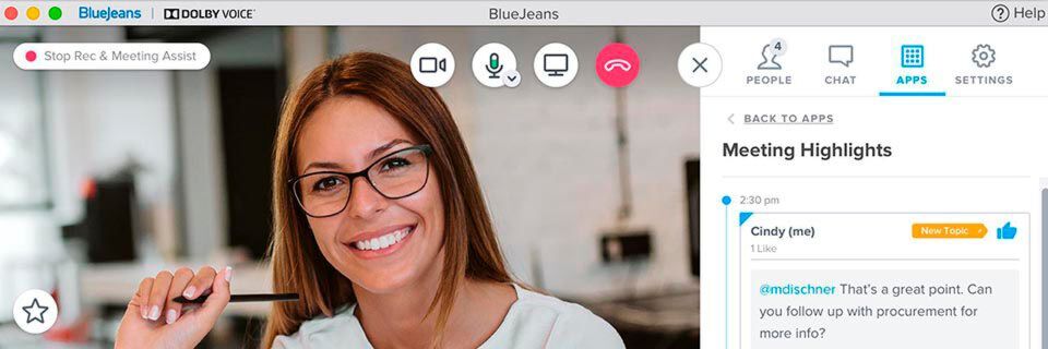 Mit BlueJeans Smart Meetings können u.a. Meeting-Highlights erfasst und geteilt werden. Mit BlueJeans Smart Meetings können u.a. Meeting-Highlights erfasst und geteilt werden.
