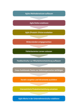 Die 10 genannten Schritte bilden den Einstieg in die Agile Transformation. Um den weitreichenden Wandel einer Organisation auf Grundlage der agilen Werte erfolgreich zu gestalten, ist ein umfassender Transformationsprozess notwendig. Um die Transformation ebenfalls agil zu gestalten, empfiehlt sich das Aufsetzen eines Transformationsbacklogs. Die oben genannten Punkte stellen dann die ersten 10 Backlog Items dar. Die 10 genannten Schritte bilden den Einstieg in die Agile Transformation. Um den weitreichenden Wandel einer Organisation auf Grundlage der agilen Werte erfolgreich zu gestalten, ist ein umfassender Transformationsprozess notwendig. Um die Transformation ebenfalls agil zu gestalten, empfiehlt sich das Aufsetzen eines Transformationsbacklogs. Die oben genannten Punkte stellen dann die ersten 10 Backlog Items dar.