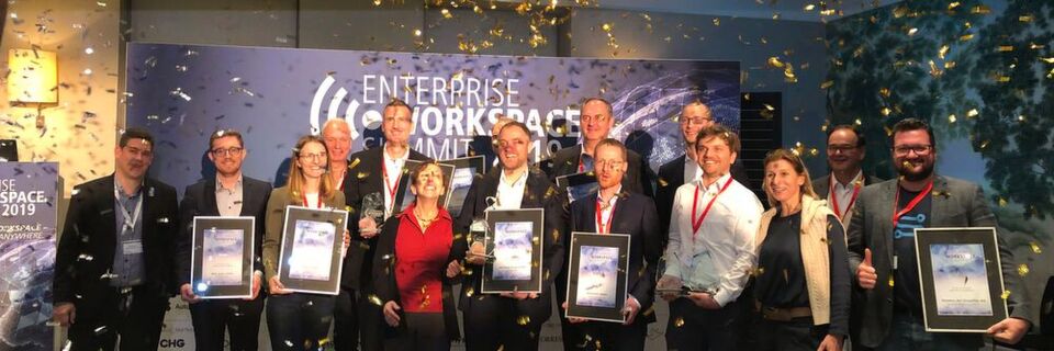 Die glücklichen Gewinner der Enterprise Workspace Awards 2019. Die glücklichen Gewinner der Enterprise Workspace Awards 2019.