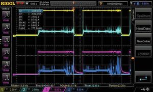 Bild 4: Abschalten des leistungsschwächeren Netzteils durch kurzeitigen Peak-Strom von knapp 10 A auf der 12-V-Strecke
(gelb = 5-V-Spannung, türkis = 5-V-Strom,
pink = 12-V-Spannung, blau- = 12-V-Strom. Bild 4: Abschalten des leistungsschwächeren Netzteils durch kurzeitigen Peak-Strom von knapp 10 A auf der 12-V-Strecke
(gelb = 5-V-Spannung, türkis = 5-V-Strom,
pink = 12-V-Spannung, blau- = 12-V-Strom.