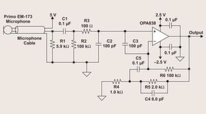 Bild 7: Auf dem OPA838 basierender Vorverstärker für ein Elektretmikrofon mit drei Anschlüssen. Bild 7: Auf dem OPA838 basierender Vorverstärker für ein Elektretmikrofon mit drei Anschlüssen.