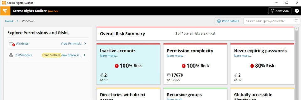 Der SolarWinds Access Rights Auditor erlaubt ein Scanen von Verzeichnisstrukturen und die Überprüfung gesetzter Rechte. Der SolarWinds Access Rights Auditor erlaubt ein Scanen von Verzeichnisstrukturen und die Überprüfung gesetzter Rechte.
