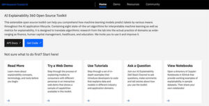 So aufgeräumt sieht die Benutzeroberfläche des Tools „AI Fairness 360“ von IBM aus. Es wird hier noch „AI Explainability 360“ genannt. So aufgeräumt sieht die Benutzeroberfläche des Tools „AI Fairness 360“ von IBM aus. Es wird hier noch „AI Explainability 360“ genannt.