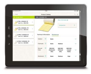 Bild 3: Die Produktdarstellung zeigt alle relevanten technischen Informationen sowie Beständigkeiten – darunter sind die jeweils passenden Markierungssysteme sowie Fluide und Farbbänder aufgeführt. Bild 3: Die Produktdarstellung zeigt alle relevanten technischen Informationen sowie Beständigkeiten – darunter sind die jeweils passenden Markierungssysteme sowie Fluide und Farbbänder aufgeführt.
