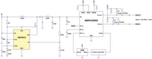 Bild 2: Vereinfachte Schaltung für die Versorgung von Hochspannungs-Ladepumpen für den ADF4150HV. Bild 2: Vereinfachte Schaltung für die Versorgung von Hochspannungs-Ladepumpen für den ADF4150HV.