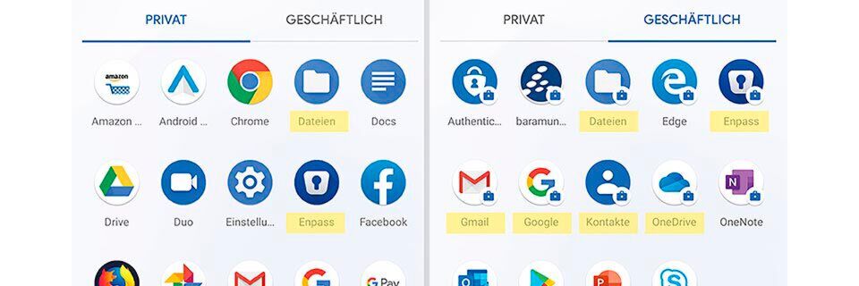 Mit dem Modul Baramundi Mobile Devices Premium existieren Privat- und Arbeitsprofil sauber getrennt nebeneinander. Mit dem Modul Baramundi Mobile Devices Premium existieren Privat- und Arbeitsprofil sauber getrennt nebeneinander.