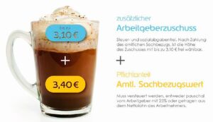 Der Verpflegungszuschuss setzt sich aus zwei Komponenten zusammen: (1) dem Pflichtanteil, also dem sogenannten amtlichen Sachbezugswert und (2) dem zusätzlichen, frei wählbaren, Arbeitgeberzuschuss. Der Verpflegungszuschuss setzt sich aus zwei Komponenten zusammen: (1) dem Pflichtanteil, also dem sogenannten amtlichen Sachbezugswert und (2) dem zusätzlichen, frei wählbaren, Arbeitgeberzuschuss.