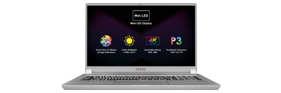 Das 17,3-Zoll-4K-Display mit Mini-LED-Backlight beim MSI Creator 17 erreicht eine Helligkeit von bis zu 1.000 cd/m². Das 17,3-Zoll-4K-Display mit Mini-LED-Backlight beim MSI Creator 17 erreicht eine Helligkeit von bis zu 1.000 cd/m².