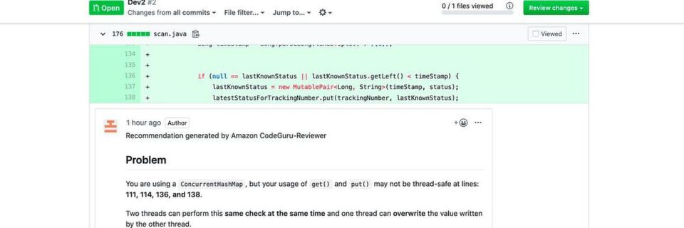 Der Amazon CodeGuru Reviewer überprüft Pull-Anforderungen und gibt Empfehlungen zum Quellcode in Github oder AWS CodeCommit sowie eine Beschreibung, was das Problem verursacht und wie Nutzer es beheben können. Der Amazon CodeGuru Reviewer überprüft Pull-Anforderungen und gibt Empfehlungen zum Quellcode in Github oder AWS CodeCommit sowie eine Beschreibung, was das Problem verursacht und wie Nutzer es beheben können.