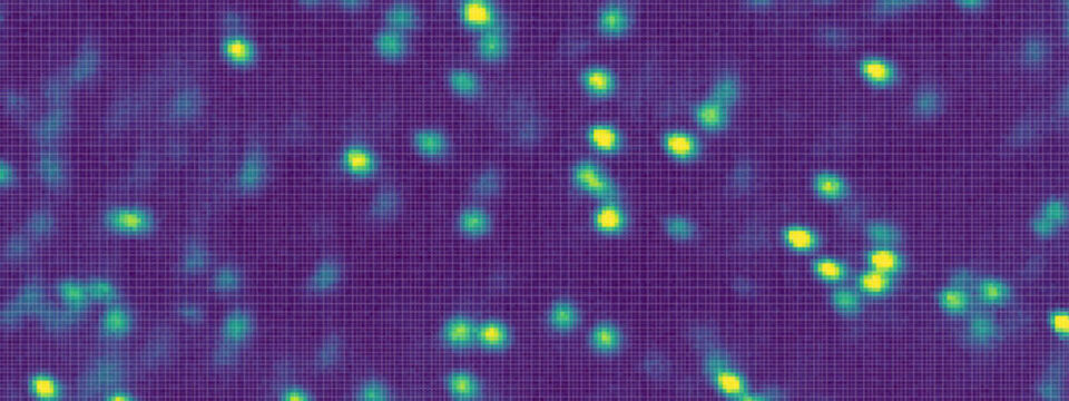 Wie Sterne in einer farbverstärkten Momentaufnahme des Nachthimmels stellen diese gelb-grünen Punkte Stellen auf einem Siliziumkarbid-Wafer dar, an denen ein Elektronenstrahl ein Siliziumatom und ein Kohlenstoffatom herausgeschlagen hat. Was zurückbleibt, ist eine "Divacancy"-Tasche, die ein einzelnes adressierbares Elektron beherbergt. Forscher haben herausgefunden, dass diese Einzelelektronenstrukturen als mögliche Quantenbits für Quantenberechnungen und Kommunikation genutzt werden können. Wie Sterne in einer farbverstärkten Momentaufnahme des Nachthimmels stellen diese gelb-grünen Punkte Stellen auf einem Siliziumkarbid-Wafer dar, an denen ein Elektronenstrahl ein Siliziumatom und ein Kohlenstoffatom herausgeschlagen hat. Was zurückbleibt, ist eine "Divacancy"-Tasche, die ein einzelnes adressierbares Elektron beherbergt. Forscher haben herausgefunden, dass diese Einzelelektronenstrukturen als mögliche Quantenbits für Quantenberechnungen und Kommunikation genutzt werden können.