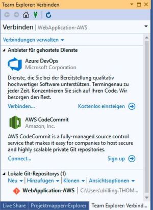 Über den Team Explorer wird Visual Studio mit dem Code-Repository verbunden. Über den Team Explorer wird Visual Studio mit dem Code-Repository verbunden.