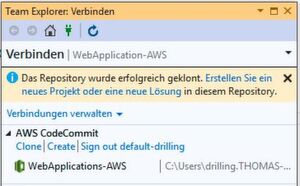 Dank des Git-Hilfsprogramm für Anmeldeinformationen konnten wir das CodeCommit-Repository unter Visual Studio verbinden. Dank des Git-Hilfsprogramm für Anmeldeinformationen konnten wir das CodeCommit-Repository unter Visual Studio verbinden.