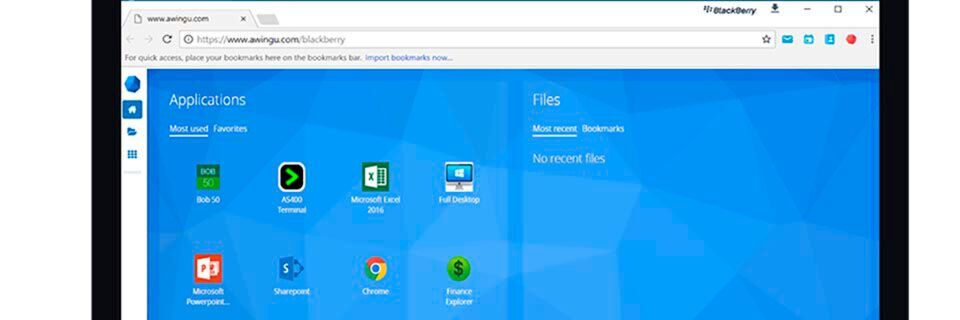 BlackBerry Digital Workplace integriert Awingu für den Zugriff auf Windows- und Linux-Anwendungen, Desktops, das Unternehmensintranet sowie SaaS und Dateifreigaben. BlackBerry Digital Workplace integriert Awingu für den Zugriff auf Windows- und Linux-Anwendungen, Desktops, das Unternehmensintranet sowie SaaS und Dateifreigaben.