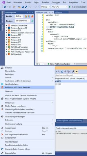 Eine Anwendung lässt sich über den Projektmappen-Explorer“ des AWS Toolkit für Visual Studio direkt nach Elastic Beanstalk publizieren. Eine Anwendung lässt sich über den Projektmappen-Explorer“ des AWS Toolkit für Visual Studio direkt nach Elastic Beanstalk publizieren.