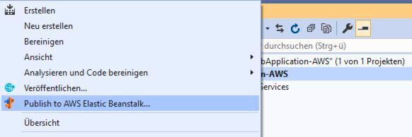 Eine Anwendung lässt sich über den Projektmappen-Explorer“ des AWS Toolkit für Visual Studio direkt nach Elastic Beanstalk publizieren. Eine Anwendung lässt sich über den Projektmappen-Explorer“ des AWS Toolkit für Visual Studio direkt nach Elastic Beanstalk publizieren.