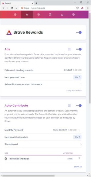 Der quelloffene Webbrowser Brave unterstützt Web-Publisher und Content-Creators mit einem eigenartigen Modell der Monetarisierung; der Browser vergütet die Aufmerksamkeit der Web-Besucher durch die Vergabe der sogenannten „Brave Rewards“ in Form von BAT-Token, welche der Nutzer an seine bevorzugten Website-Betreiber ausschütten lassen kann. Der quelloffene Webbrowser Brave unterstützt Web-Publisher und Content-Creators mit einem eigenartigen Modell der Monetarisierung; der Browser vergütet die Aufmerksamkeit der Web-Besucher durch die Vergabe der sogenannten „Brave Rewards“ in Form von BAT-Token, welche der Nutzer an seine bevorzugten Website-Betreiber ausschütten lassen kann.