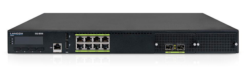Das Lancom ISG-8000 ist mit acht Gigabit-Ethernet-Ports, zwei USB-Ports sowie zwei SFP+-Ports ausgestattet. Das Lancom ISG-8000 ist mit acht Gigabit-Ethernet-Ports, zwei USB-Ports sowie zwei SFP+-Ports ausgestattet.