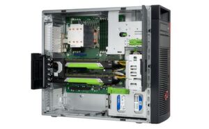 Die Fujitsu-Mainboards in den beiden Celsius-Workstations verfügen jeweils über zwei PCIe-x16-Slots für Grafikkarten. Als Prozessor kommt entweder ein Core-i9-X- oder ein Xeon-W von Intel zum Einsatz. Maximal sind Prozessoren mit bis zu 18 Cores und 36 Threads möglich. Die Fujitsu-Mainboards in den beiden Celsius-Workstations verfügen jeweils über zwei PCIe-x16-Slots für Grafikkarten. Als Prozessor kommt entweder ein Core-i9-X- oder ein Xeon-W von Intel zum Einsatz. Maximal sind Prozessoren mit bis zu 18 Cores und 36 Threads möglich.