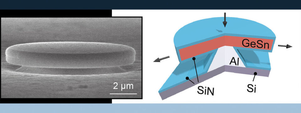 Rasterelektronenmikroskopische Aufnahme des Germanium-Zinn-Lasers (links). Die wenige Mikrometer breite Germanium-Zinn-Schicht wird auf eine so genannte Stressorschicht aus Siliziumnitrid und einen Aluminiumsockel zur besseren Wärmeableitung aufgebracht und anschließend mit Siliziumnitrid ummantelt (rechts). Durch die Orientierung der Germamium-Zinn-Verbindung an den weiteren Atomabständen im Kristallgitter des Silizium-Nitrids entsteht eine Verspannung im eingebetteten Material, die im Endeffekt eine optische Verstärkung bewirkt. Rasterelektronenmikroskopische Aufnahme des Germanium-Zinn-Lasers (links). Die wenige Mikrometer breite Germanium-Zinn-Schicht wird auf eine so genannte Stressorschicht aus Siliziumnitrid und einen Aluminiumsockel zur besseren Wärmeableitung aufgebracht und anschließend mit Siliziumnitrid ummantelt (rechts). Durch die Orientierung der Germamium-Zinn-Verbindung an den weiteren Atomabständen im Kristallgitter des Silizium-Nitrids entsteht eine Verspannung im eingebetteten Material, die im Endeffekt eine optische Verstärkung bewirkt.