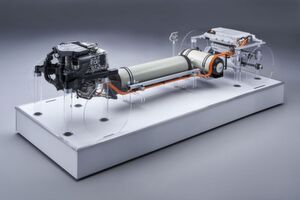Das Energiesystem des BMW i Hydrogen Next besteht aus dem Brennstoffzellensteck samt Nebenaggregaten (links im Bild), zwei Wasserstofftanks mit einer Kapazität von sechs Kilogramm und einer Pufferbatterie (rechts). Das Energiesystem des BMW i Hydrogen Next besteht aus dem Brennstoffzellensteck samt Nebenaggregaten (links im Bild), zwei Wasserstofftanks mit einer Kapazität von sechs Kilogramm und einer Pufferbatterie (rechts).