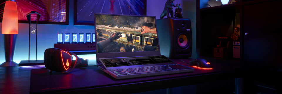 Das Gaming-Notebook Asus ROG Zephyrus Duo 15 ist mit zwei Displays ausgestattet: Einem 15,6-Zoll-Display mit Full-HD- oder 4K-Auflösung und einem 14,1-Zoll-Touchscreen mit 3.840 x 1.100 Pixel. Das Gaming-Notebook Asus ROG Zephyrus Duo 15 ist mit zwei Displays ausgestattet: Einem 15,6-Zoll-Display mit Full-HD- oder 4K-Auflösung und einem 14,1-Zoll-Touchscreen mit 3.840 x 1.100 Pixel.