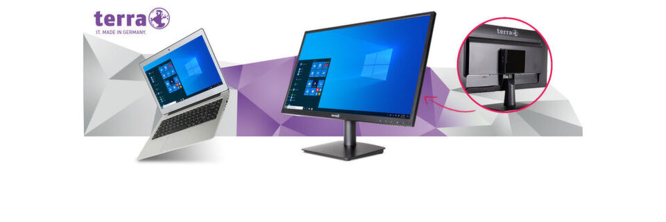 Die Palette an TERRA-Client-Rechnern für das Homeoffce umfasst neben Notebooks auch Micro-PCs, die einfach per VESA-Mount an der Rückseite eines TERRA-Monitors befestigt werden können. Die Palette an TERRA-Client-Rechnern für das Homeoffce umfasst neben Notebooks auch Micro-PCs, die einfach per VESA-Mount an der Rückseite eines TERRA-Monitors befestigt werden können.