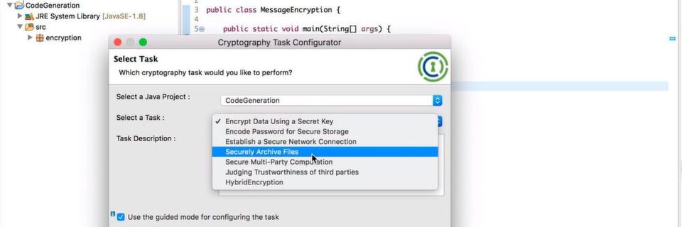 In der Stable-Version erlaubt der Krypto-Assistent von CogniCrypt die Codegenerierung für die ersten fünf der hier gezeigten Anwendungsfälle. In der Stable-Version erlaubt der Krypto-Assistent von CogniCrypt die Codegenerierung für die ersten fünf der hier gezeigten Anwendungsfälle.