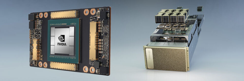 Nvidias A100 ist die erste Ampere-GPU und gleichzeitig die stärkste GPU weltweit. Ein wichtiger Einsatzbereich sind AI-Berechnungen. Auf dem bereits lieferbaren DGX-A100-System sitzen acht der riesigen 7-Nanometer-GPUs. Nvidias A100 ist die erste Ampere-GPU und gleichzeitig die stärkste GPU weltweit. Ein wichtiger Einsatzbereich sind AI-Berechnungen. Auf dem bereits lieferbaren DGX-A100-System sitzen acht der riesigen 7-Nanometer-GPUs.