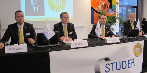 Die Studer-Geschäftsführung erwartet ein erfolgreiches Jubiläumsjahr: Peter Weber, Gerd König, Michael Horn und Fred Gaegauf (von links). (Bild: Kroh) Die Studer-Geschäftsführung erwartet ein erfolgreiches Jubiläumsjahr: Peter Weber, Gerd König, Michael Horn und Fred Gaegauf (von links). (Bild: Kroh)