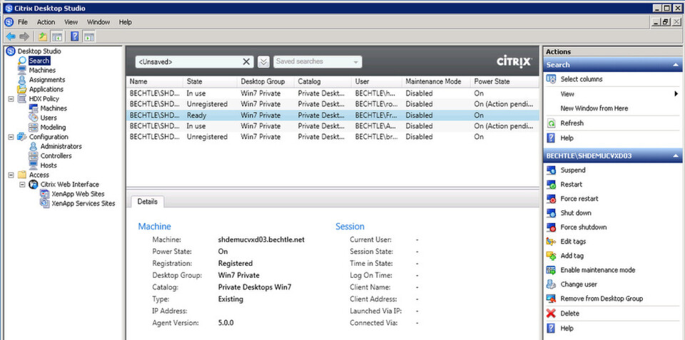 Die Verwaltung der virtuellen Desktops mit dem Citrix Desktop Studio. Die Verwaltung der virtuellen Desktops mit dem Citrix Desktop Studio.