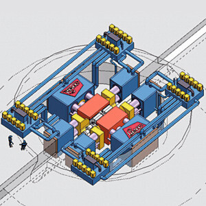 Zur partiellen Warmumformung von Großkurbelwellen wurde diese Anlage mit 18 Presszylindern konzipiert (Simulation). Die Summenpresskraft beträgt 290.000 kN. Servopumpen steuern die Zylinder.