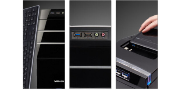 Der Multimedia-PC MEDION AKOYA P4210D bringt zahlreiche Anschlussmöglichkeiten und den Datenhafen 3 mit USB 3.0 mit.