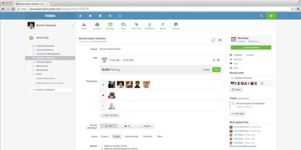 Die Collaboration-Arbeitsplattform Podio lässt sich mit der cloudbasierenden Business-Lösung Citrix GoToMeeting integrieren. Die Collaboration-Arbeitsplattform Podio lässt sich mit der cloudbasierenden Business-Lösung Citrix GoToMeeting integrieren.