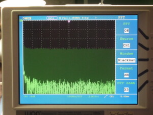 Bild 4: Oberhalb der Region des 1/f-Rauschens liegt eine konstante Spektraldichte vor (0 bis 2,5 MHz,10 dB je div., FFT) Bild 4: Oberhalb der Region des 1/f-Rauschens liegt eine konstante Spektraldichte vor (0 bis 2,5 MHz,10 dB je div., FFT)