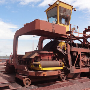 Fig. 1: At the Duluth Dock ship loader a shuttle conveyor transfers ore from ground storage into 60 hoppers in dock; the close-up of the West end of the shuttle conveyor (right) shows the 180 horse power (approx. 135 kilowatt) Rulmeca motorized pulley discharging ore into north hopper via articulating boom.