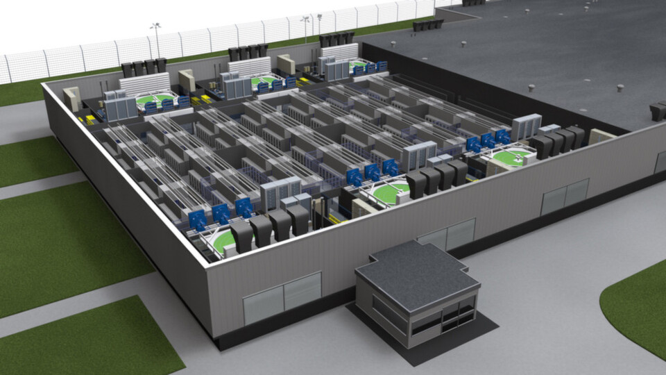 Das Rechenzentrum von Noris Network ist an seiner gesamten Vorder- und Rückseite jeweils mit kombinierten, autarken Klima- und Energiezellen versehen. Das Rechenzentrum von Noris Network ist an seiner gesamten Vorder- und Rückseite jeweils mit kombinierten, autarken Klima- und Energiezellen versehen.