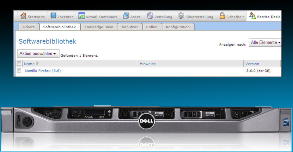 Dell | Softwarebibliothek Mit der Verwaltungs-Appliance Dell Kace K1000 und der Bereitstellungs-Appliance Dell Kace K2000 lassen sich zeitaufwendige manuelle Betriebssystem- und Software-Bereitstellungsaufgaben automatisieren. Dell | Softwarebibliothek Mit der Verwaltungs-Appliance Dell Kace K1000 und der Bereitstellungs-Appliance Dell Kace K2000 lassen sich zeitaufwendige manuelle Betriebssystem- und Software-Bereitstellungsaufgaben automatisieren.