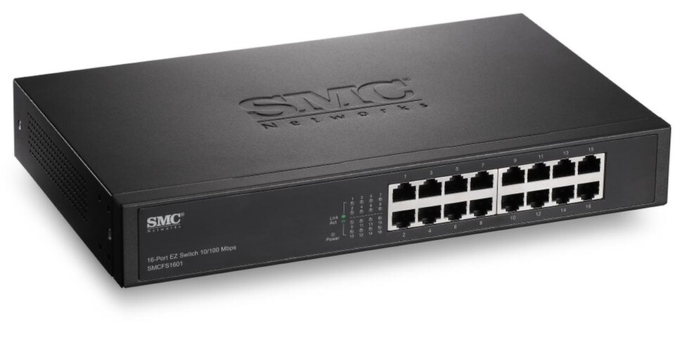 Der SMCFS1601P ist ein 10/100-MBit/s-Fast-Ethernet-PoE+-Switch mit 16 Ports. Der SMCFS1601P ist ein 10/100-MBit/s-Fast-Ethernet-PoE+-Switch mit 16 Ports.
