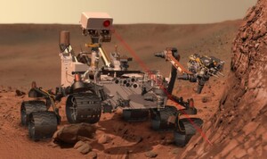 L'engin télécommandé Curiosity à la recherche d'une preuve de vie, en examinant les roches du sol de Mars. L'engin télécommandé Curiosity à la recherche d'une preuve de vie, en examinant les roches du sol de Mars.