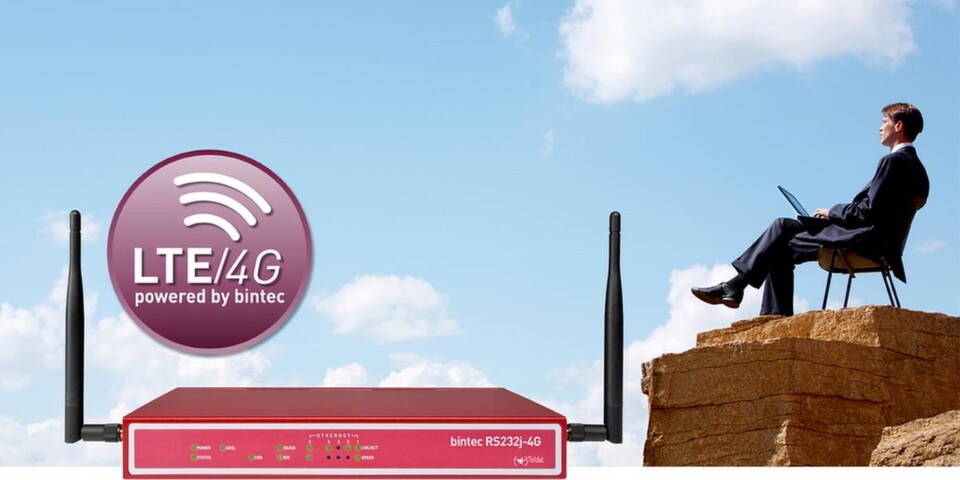Der Bintec RS232j-4G von Teldat unterstützt den LTE-Standard für Downloads mit bis zu 100 MBit/s und Uploads mit bis zu 50 MBit/s. Der Bintec RS232j-4G von Teldat unterstützt den LTE-Standard für Downloads mit bis zu 100 MBit/s und Uploads mit bis zu 50 MBit/s.