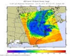 Das Atmospheric Infrared Sounder (AIRS) instrument an Bord des NASA-Satelliten Aqua hat dieses Infrarot-Bild von Sandy aufgenommen. Der kleine lila Bereich stellt mit den niedrigsten Temperaturen das Zentrum des Sturms dar.