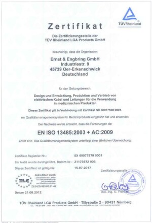 Die Zertifizierung nach ISO 13485 bestätigt Ernst & Engbring hohe Zuverlässigkeit und Sicherheit bei der Produktion medizintechnischer Kabel Die Zertifizierung nach ISO 13485 bestätigt Ernst & Engbring hohe Zuverlässigkeit und Sicherheit bei der Produktion medizintechnischer Kabel