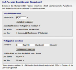 Mit dem SLA-Rechner von Microfin lässt sich sowohl eine mögliche Ausfallzeit, aber auch eine notwendige Verfügbarkeit berechnen. Mit dem SLA-Rechner von Microfin lässt sich sowohl eine mögliche Ausfallzeit, aber auch eine notwendige Verfügbarkeit berechnen.