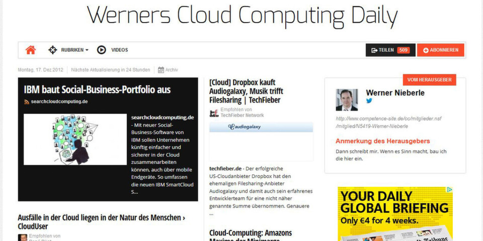 Die Online-Zeitung „Werners Cloud Computing Daily“ erlaubt einen täglichen Blick auf die aktuellsten Meldungen rund um das Thema Cloud, aggregiert mit Paper.li. Die Online-Zeitung „Werners Cloud Computing Daily“ erlaubt einen täglichen Blick auf die aktuellsten Meldungen rund um das Thema Cloud, aggregiert mit Paper.li.