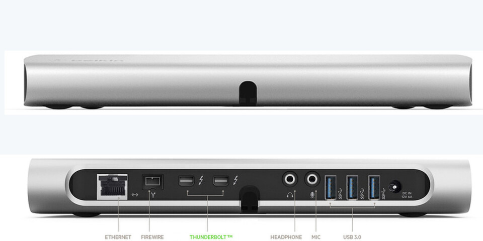 Vorder- und Rückansicht der Express Docking Station von Belkin. Vorder- und Rückansicht der Express Docking Station von Belkin.