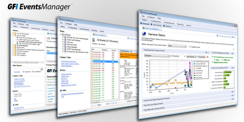 GFI EventsManager ermöglicht eine effiziente, kontinuierliche Überwachung und Auswertung von Systemmeldungen und den Systemzustand und Betriebsstatus verschiedenster Netzwerkgeräte und Systeme. GFI EventsManager ermöglicht eine effiziente, kontinuierliche Überwachung und Auswertung von Systemmeldungen und den Systemzustand und Betriebsstatus verschiedenster Netzwerkgeräte und Systeme.