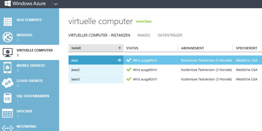 In Windows Azure lassen sich direkt über die Weboberfläche virtuelle Server aufsetzen. Zusätzlich bietet Microsoft auch vorgefertigte Images an. In Windows Azure lassen sich direkt über die Weboberfläche virtuelle Server aufsetzen. Zusätzlich bietet Microsoft auch vorgefertigte Images an.