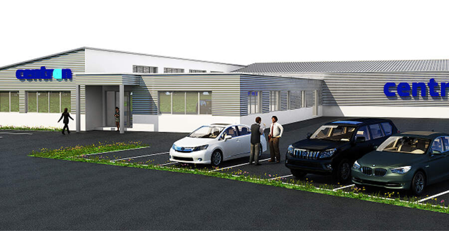 Rendering des Centron-Bürogebäudes mit angeschlossenem Rechenzentrum nach Architektenplänen. Rendering des Centron-Bürogebäudes mit angeschlossenem Rechenzentrum nach Architektenplänen.